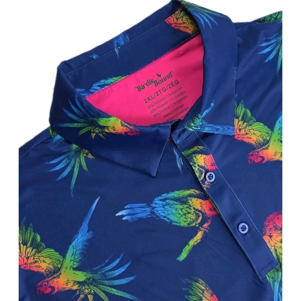 Birdie Bound Mens‎ Golf Polo Shirt Navy Tropical PARROT Stretch Sz 2XL NWT